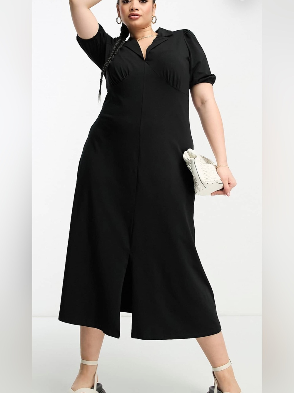 BRAND NEW WITH TAGS- Classic Black V-Neck Midi Dress with collar